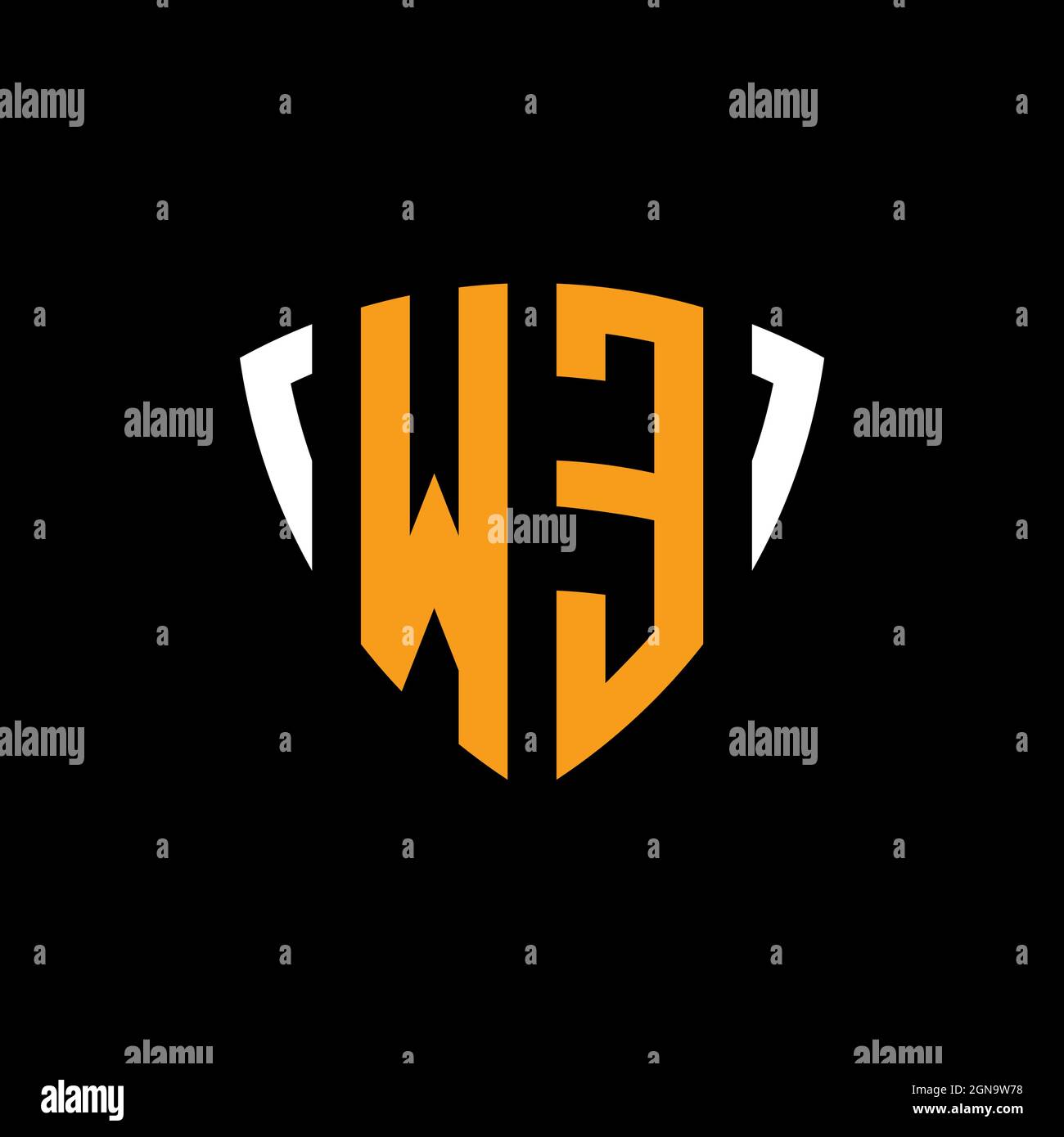 WE logo with shield white orange shape design template isolated on black background Stock Vector