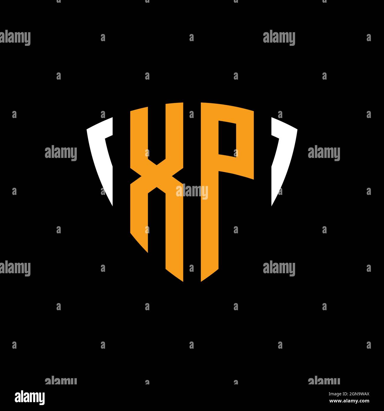 XP logo with shield white orange shape design template isolated on black background Stock Vector