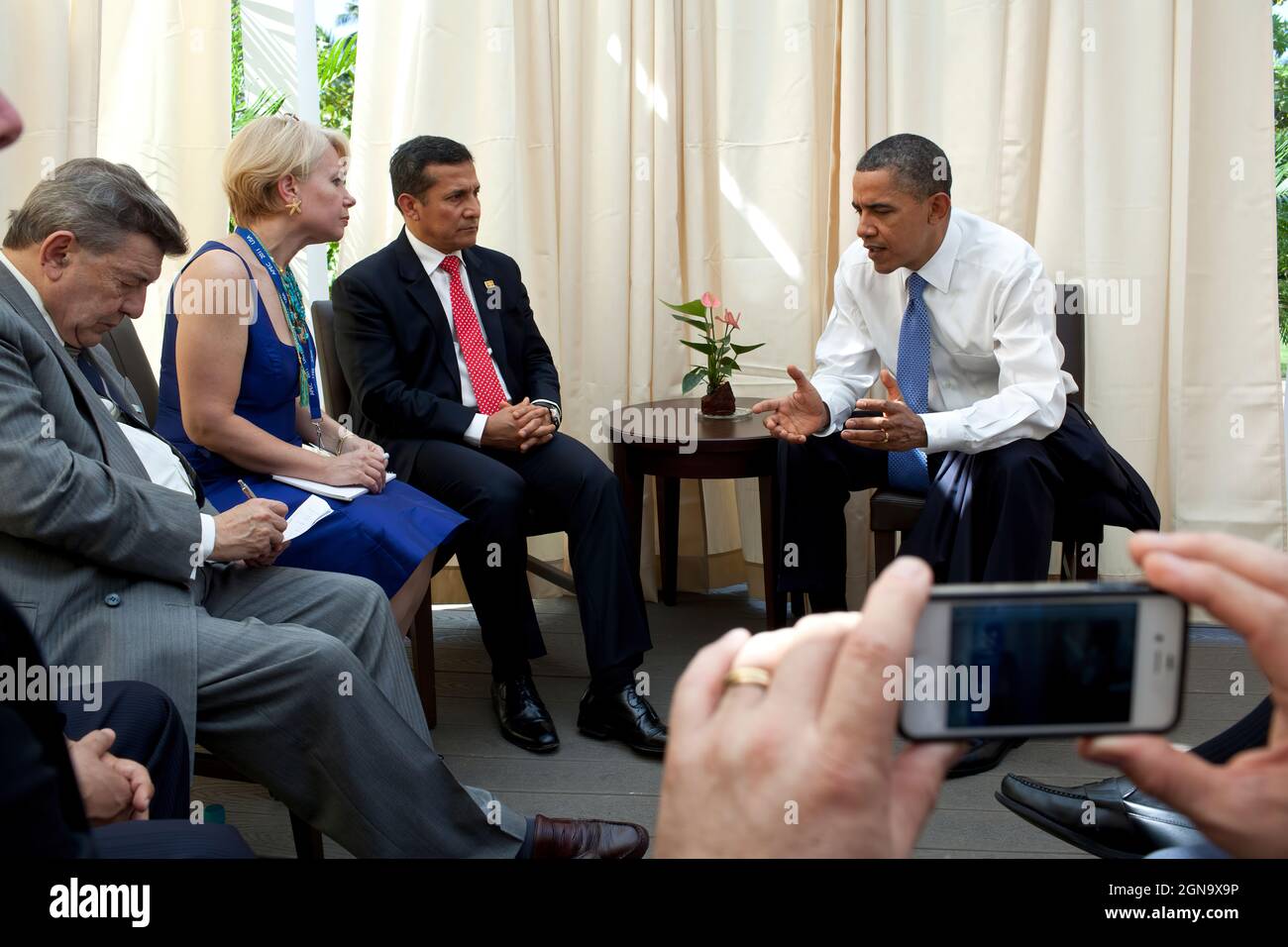 President Barack Obama meets with President Ollanta Humala of Peru during the APEC summit in Honolulu, Hawaii, Sunday, Nov. 13, 2011. (Official White House Photo by Pete Souza) This official White House photograph is being made available only for publication by news organizations and/or for personal use printing by the subject(s) of the photograph. The photograph may not be manipulated in any way and may not be used in commercial or political materials, advertisements, emails, products, promotions that in any way suggests approval or endorsement of the President, the First Family, or the White Stock Photo