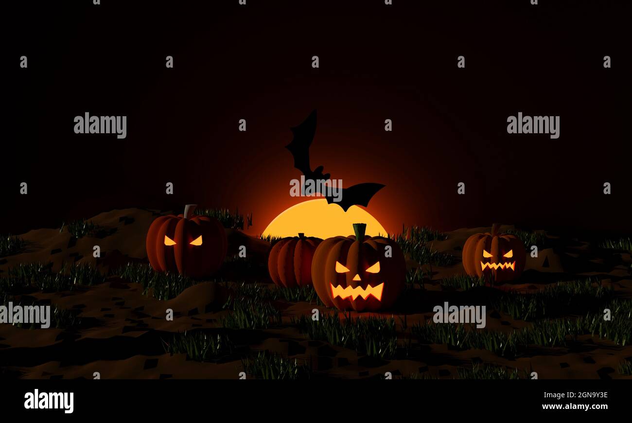 Halloween pumpkins and flying bats at moonlight in the spooky night ...