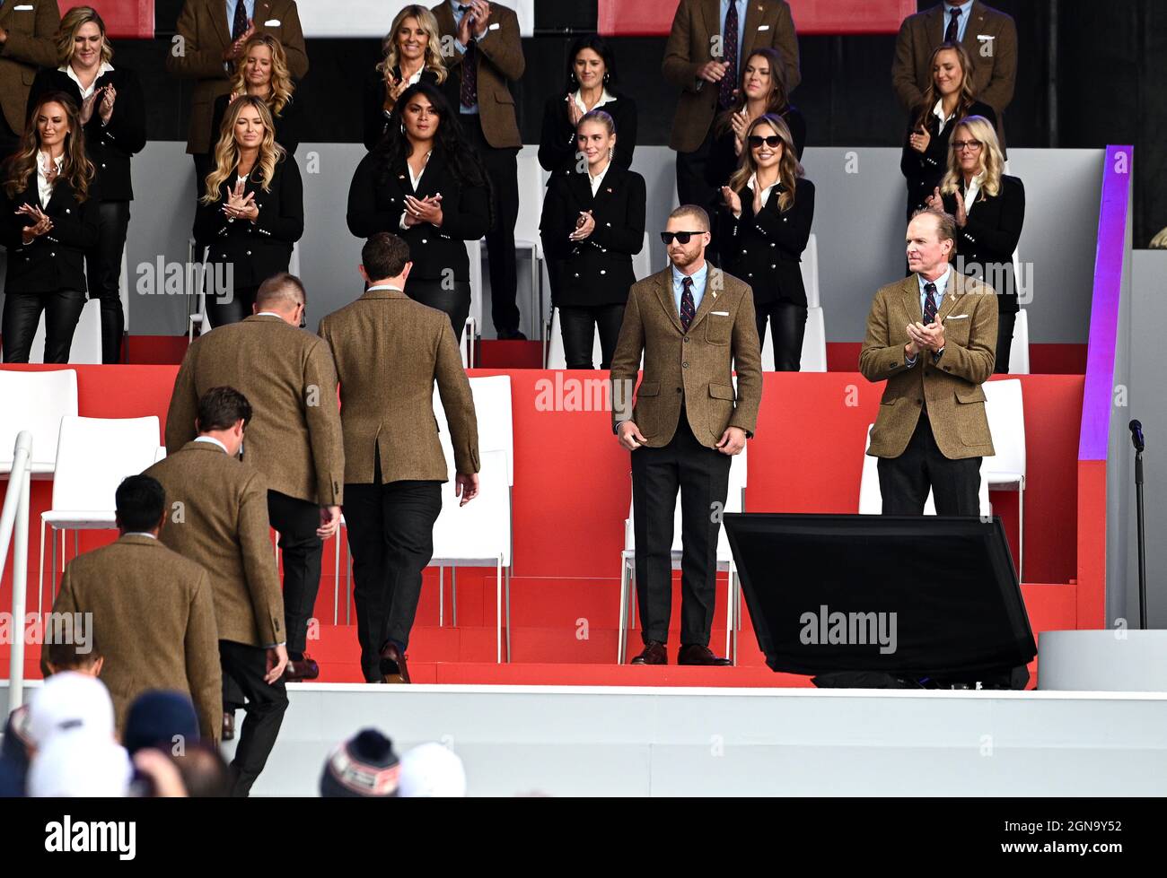 Team USA captain Steve Stricker welcomes on the team onto the stage ...