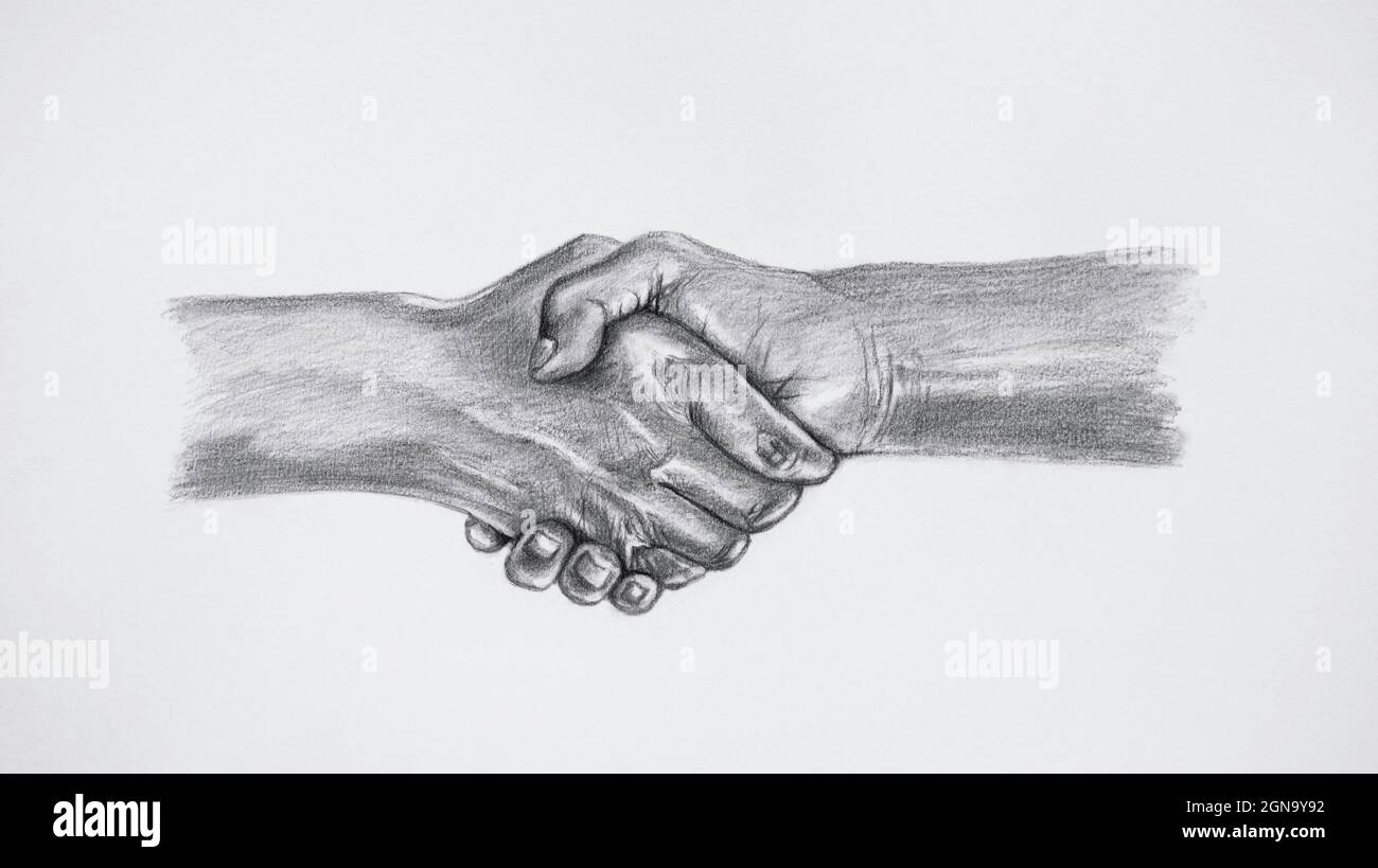 Drawing sketch of two hands holding each other on white paper background. Stock Photo