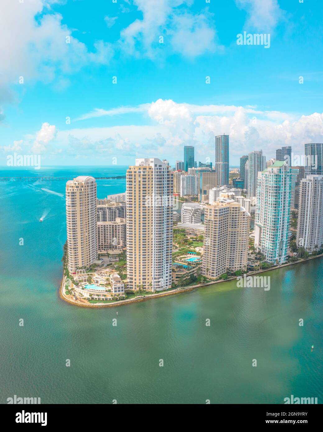 Edge of Brickell neighborhood in Downtown Miami with view of Brickell Key and beautiful sunny