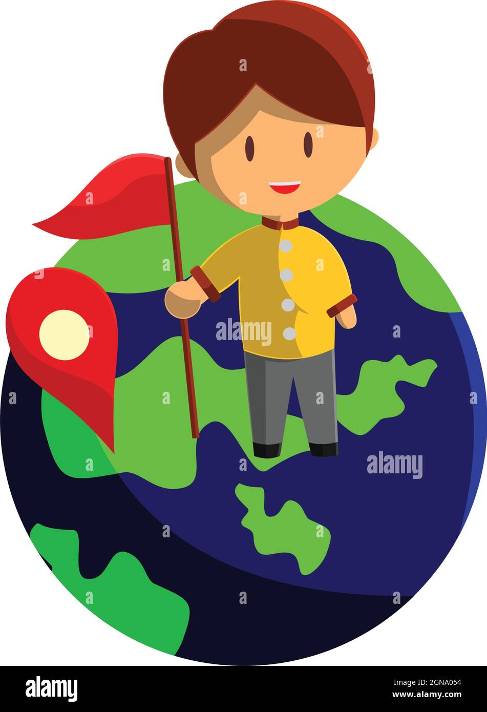 Boy is traveling on a globe . Character Vector Illustration on the theme World Tourism Stock Vector