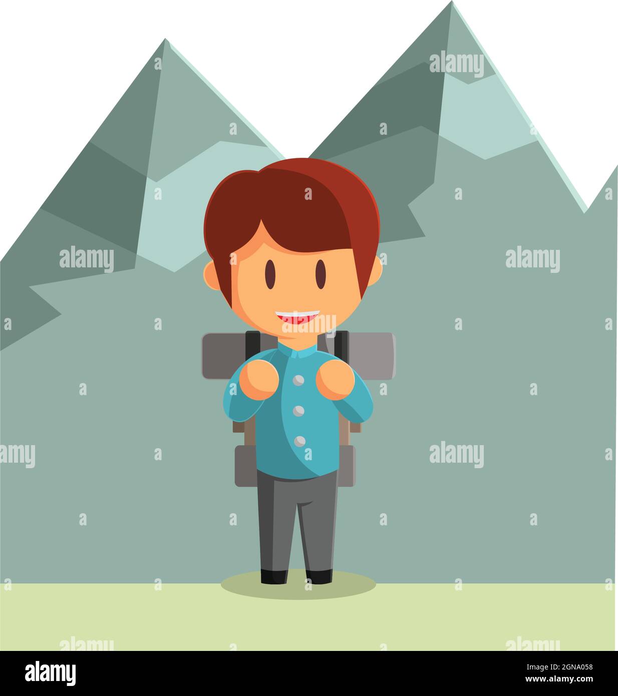 Boy is traveling in the mountains. Character Vector Illustration on the theme World Tourism Stock Vector