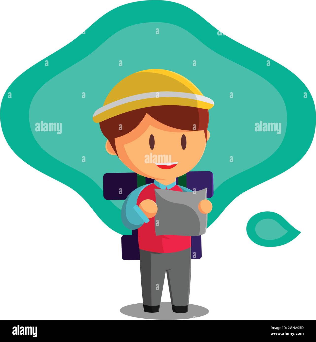 Boy is traveling while looking at the map. Character Vector Illustration on the theme World Tourism Stock Vector