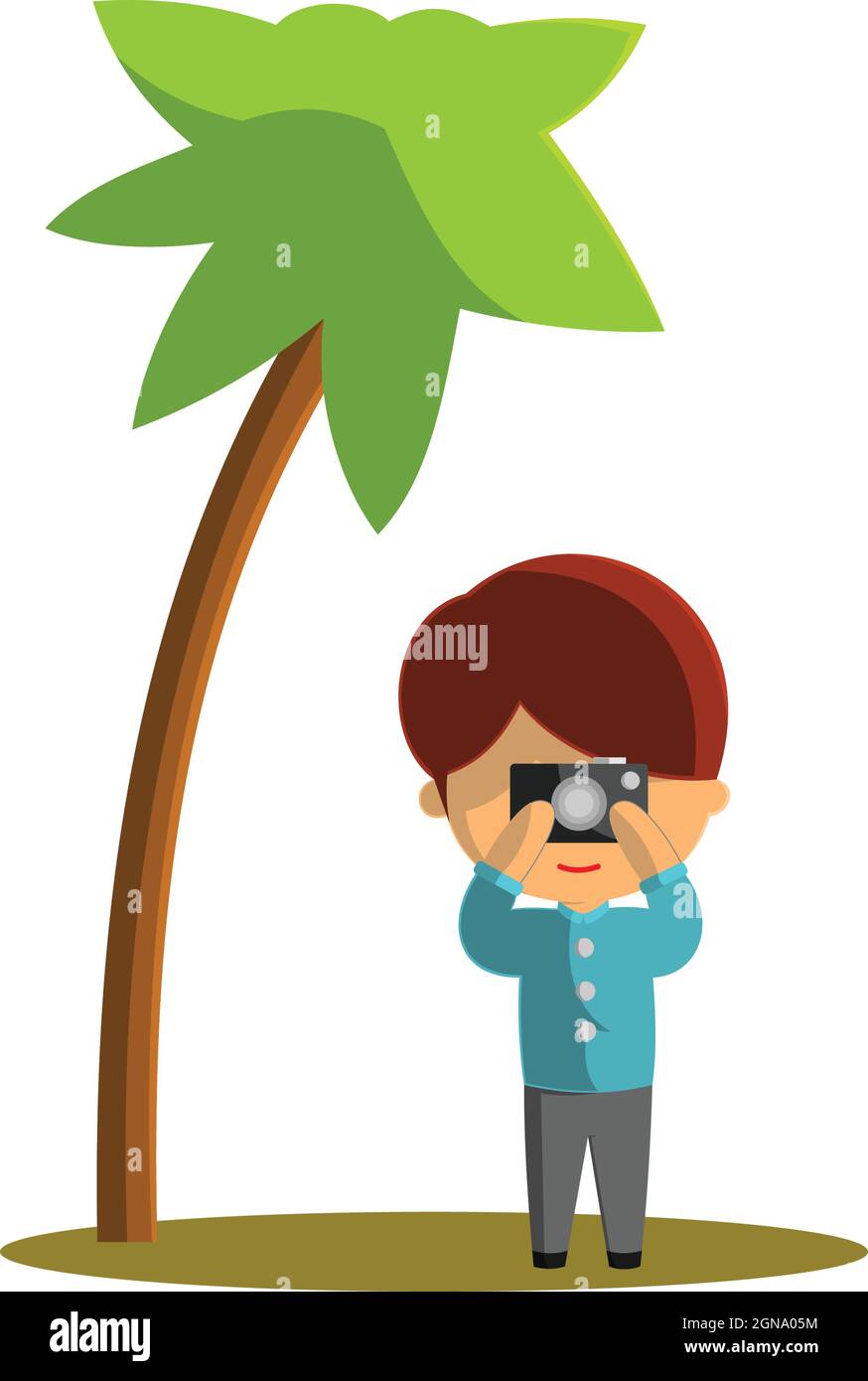 Boy is traveling while taking pictures. Character Vector Illustration on the theme World Tourism Stock Vector