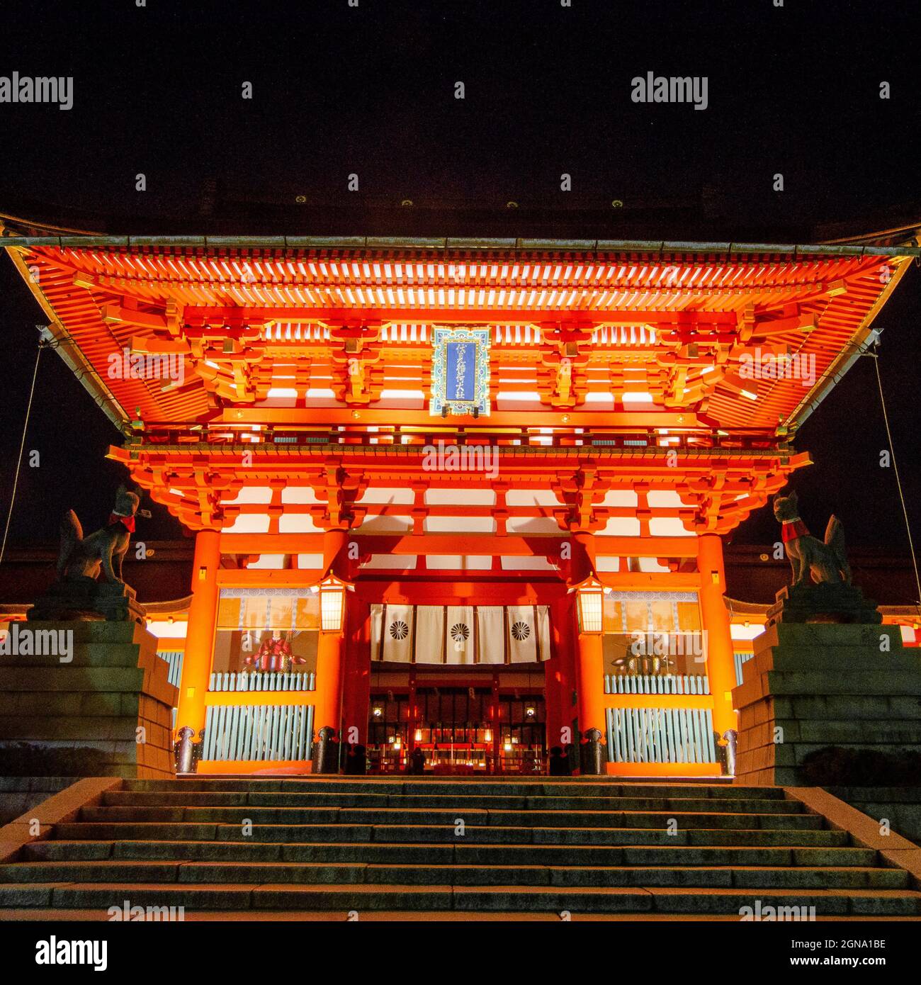 Fushimi Inari, Kyoto, Japan, Shinto shrine, Torii gates, Sacred pilgrimage, Vermilion gates, Fox statues, Traditional architecture, Stock Photo