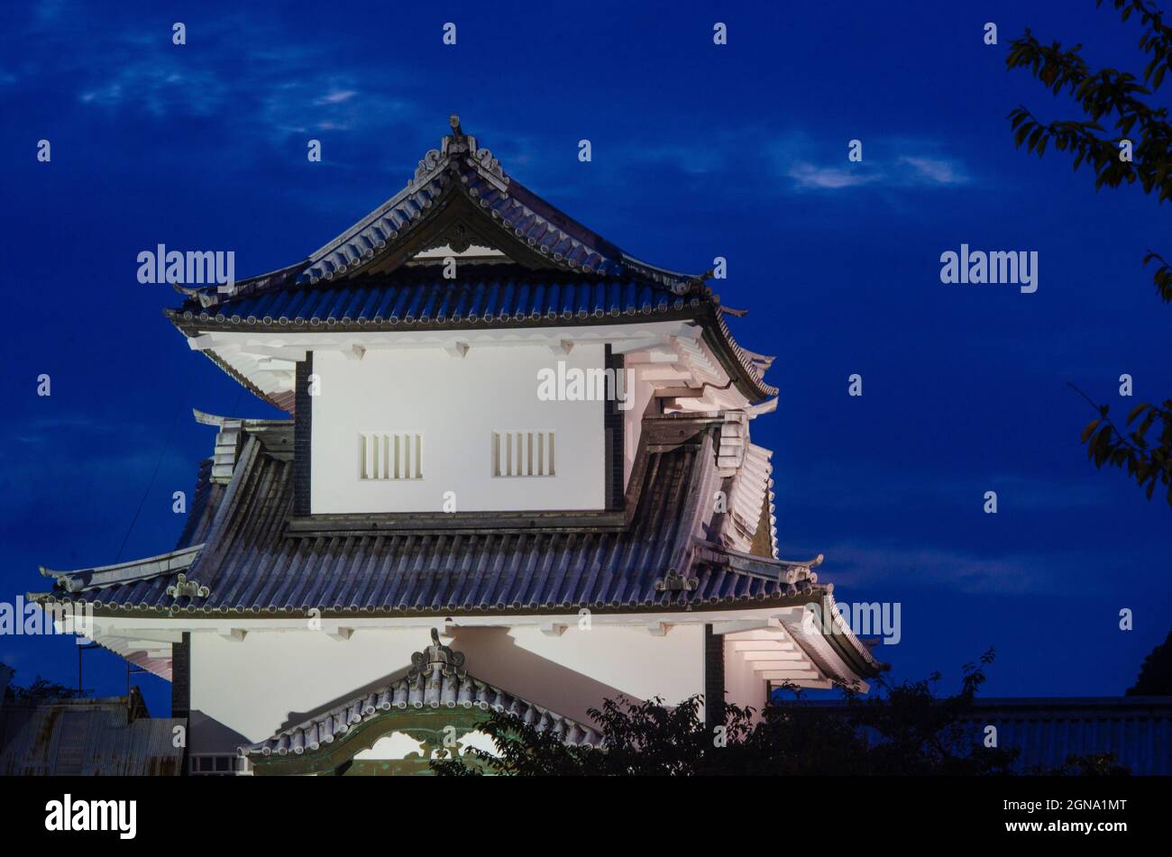 Kanazawa Castle, Dusk, Sunset, Illuminated, Traditional, Japanese castle, Architecture, Historic, Landmark Stock Photo