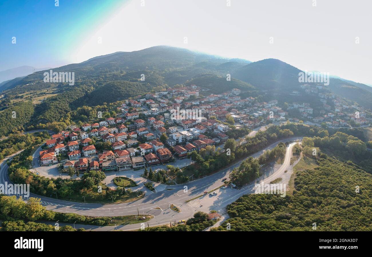 Aerial panoramic view of Platamon (Platamonas) Village in Pieria - Greece. Stock Photo