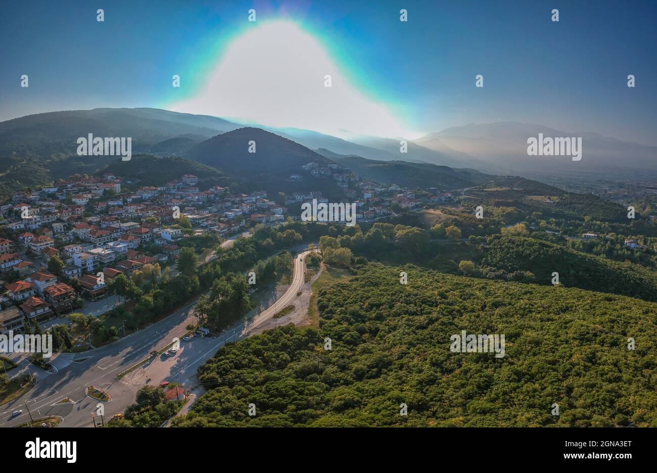 Aerial panoramic view of Platamon (Platamonas) Village in Pieria - Greece. Stock Photo