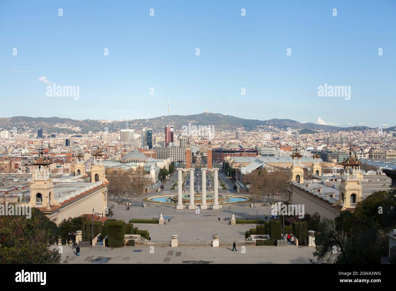wide cityscape of plaza de les cascades barcelona, spain, Fuente Magica Stock Photo