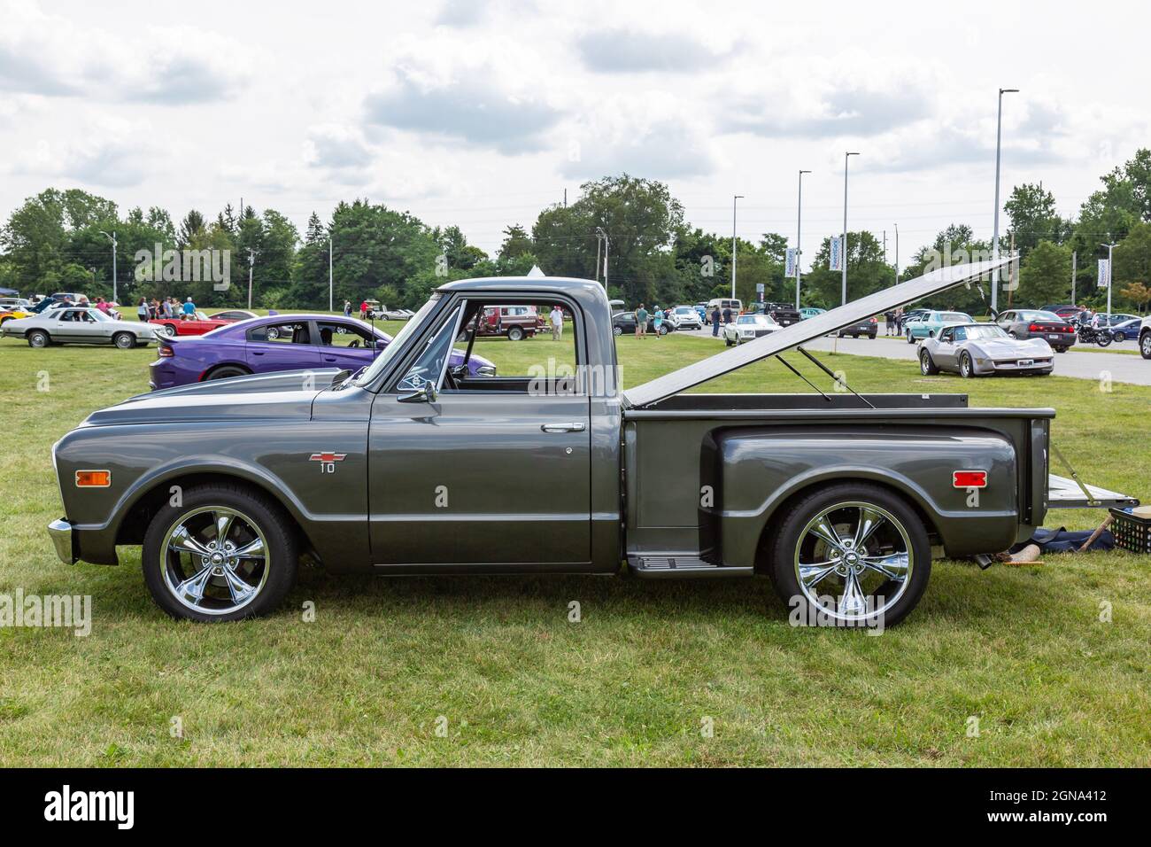 A gray 1968 Chevrolet C-10 pickup truck on display at a car show in Fort Wayne, Indiana, USA. Stock Photo