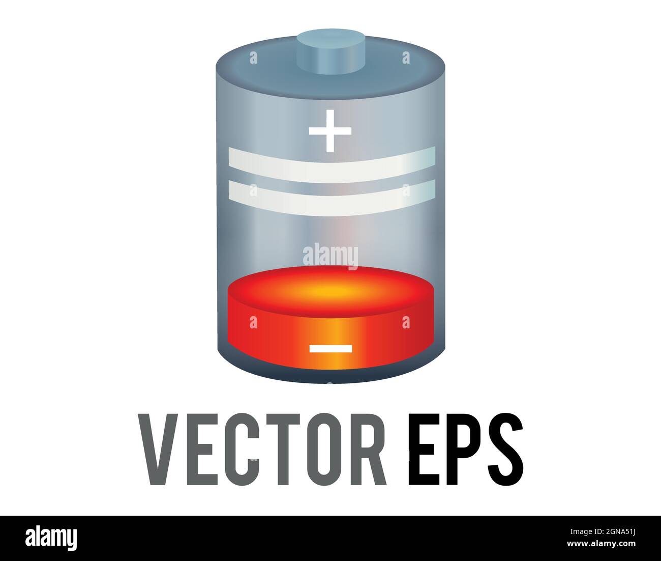 The isolated vector red cylinder recharging battery cell icon with minimal amount of power remaining , bolt, plus, minus symbol, used to show low powe Stock Vector