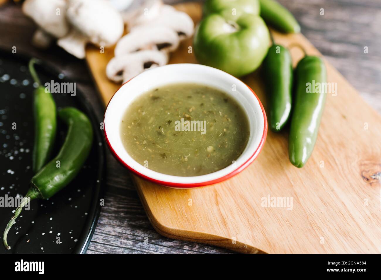Mexican ingredients to prepare green sauce and traditional dishes in Mexico City Stock Photo
