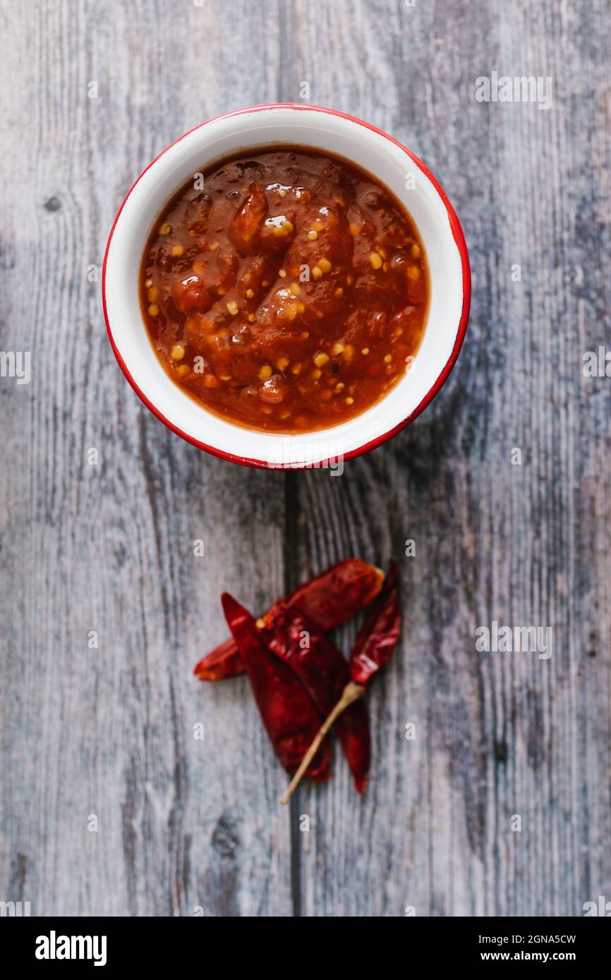 Mexican red sauce made of tomato and chile de arbol , traditional food