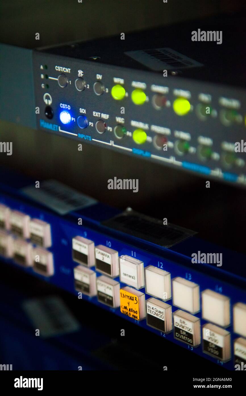 close up of tv switcher digital analogue broadcast podcast buttons server Stock Photo