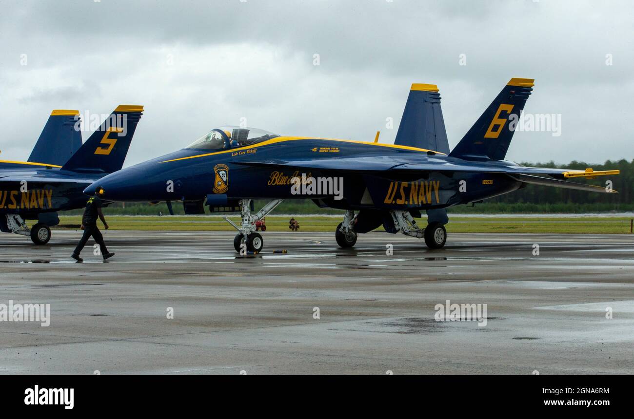 U.S Navy Blue Angels #5 and #6 sit on the runway at Marine Corps Air Station (MCAS) Cherry Point, North Carolina, Sept. 23, 2021. The Blue Angels are the headliners for the MCAS Cherry Point 80th anniversary air show, Sept. 25-26, 2021. (U.S. Marine Corps photo by Pfc. Lauralle Walker.) Stock Photo