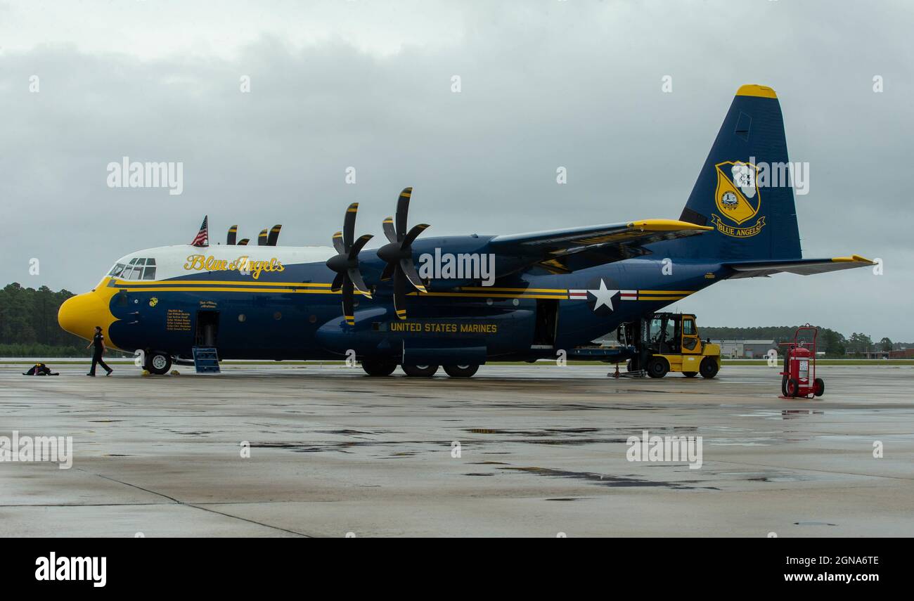 U.S. Navy Blue Angels C-130, Fat Albert, sits on the runway at Marine Corps Air Station (MCAS) Cherry Point, North Carolina, Sept. 23, 2021. The Blue Angels are the headliners for the MCAS Cherry Point 80th anniversary air show, Sept. 25-26, 2021. (U.S. Marine Corps photo by Pfc. Lauralle Walker.) Stock Photo