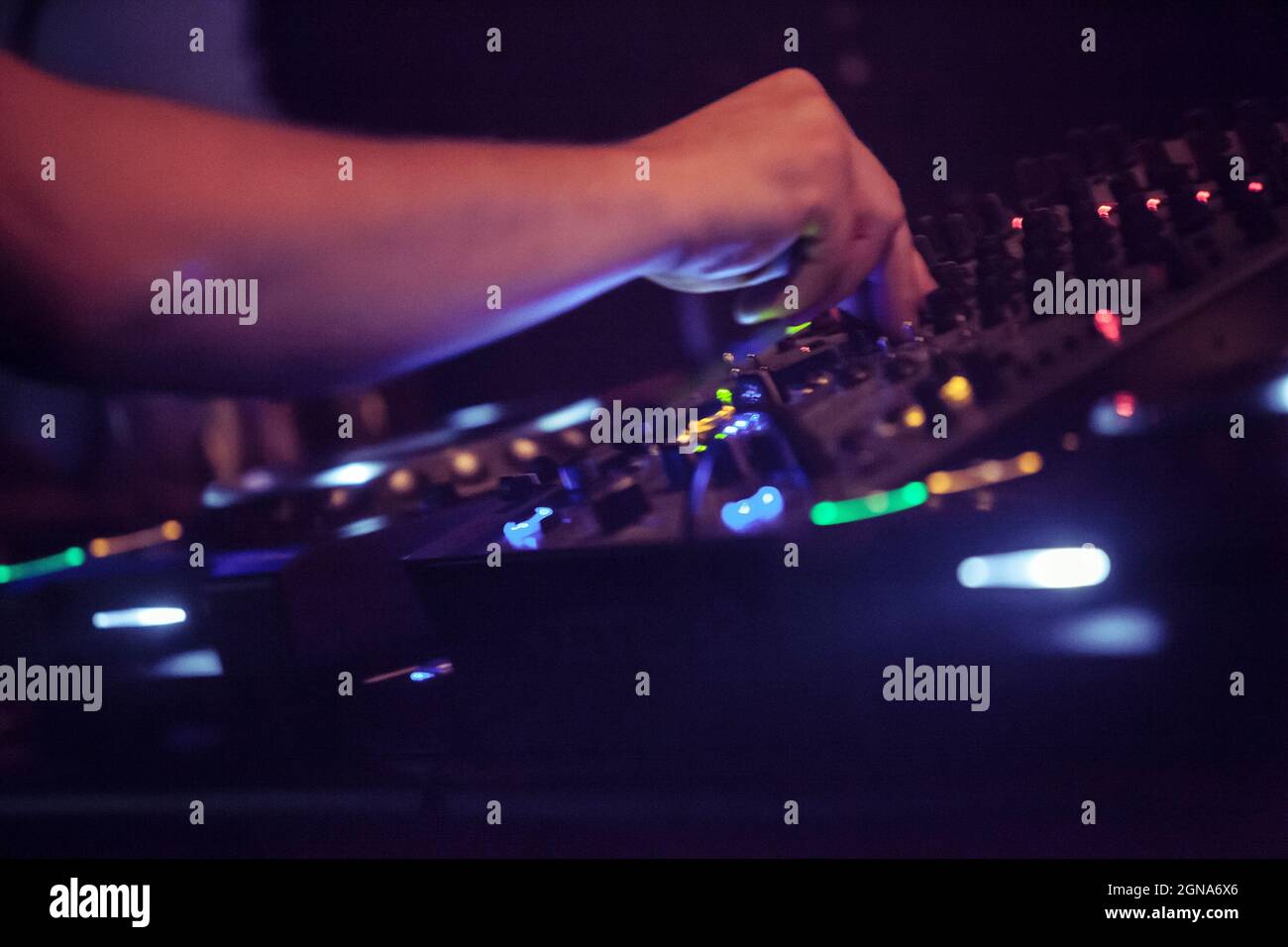 Close up of DJ console during party concert, music, electronic music, rave Stock Photo