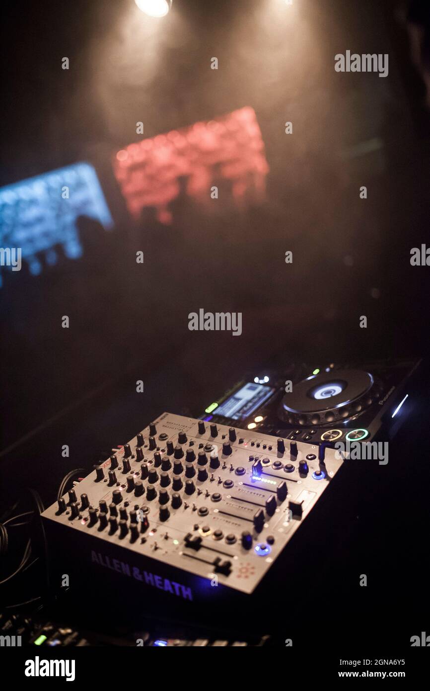 Close up of DJ console during party concert, music, electronic music, rave Stock Photo