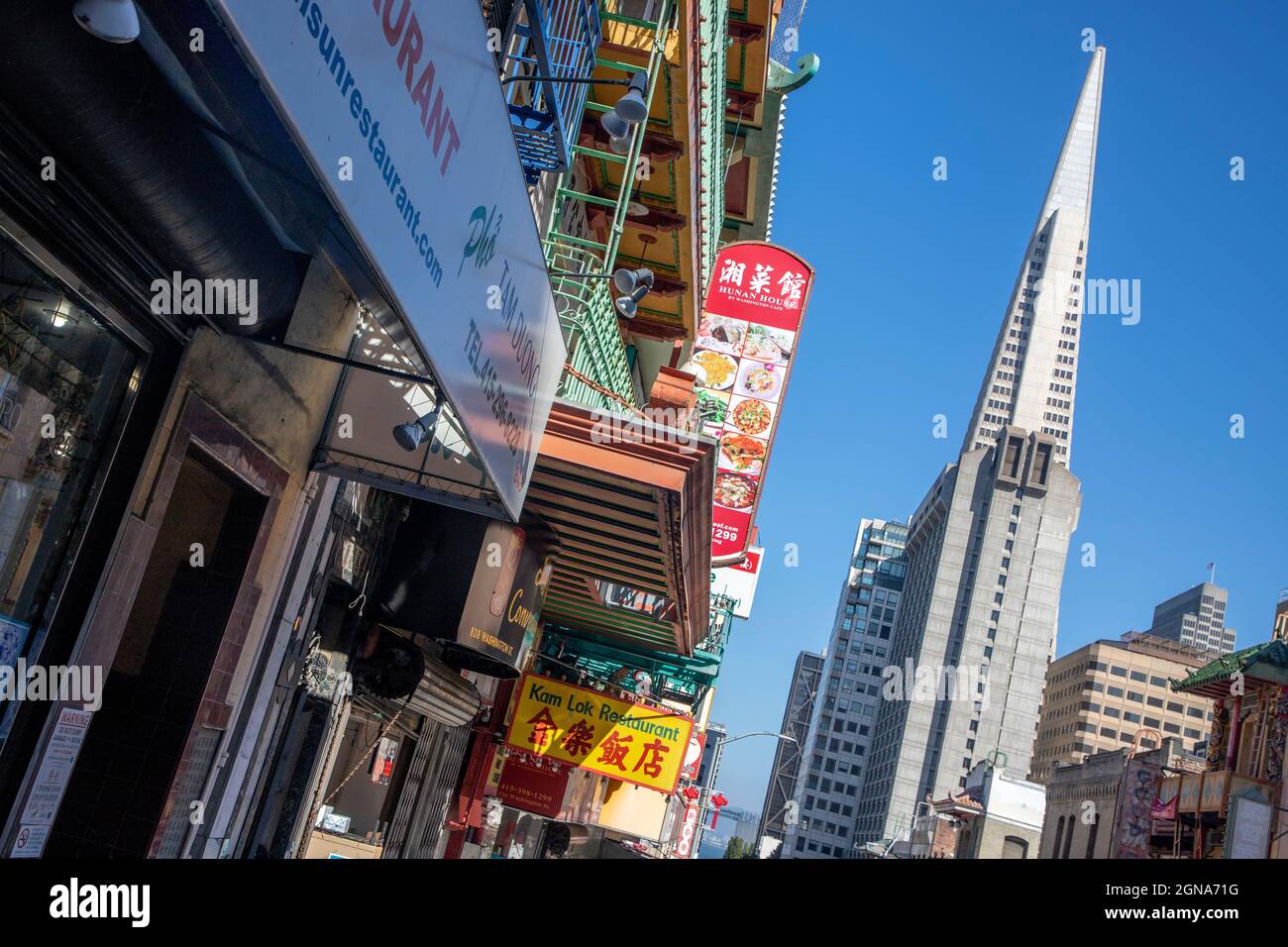Juxtaposition of Chinese influenced architecture with modern San Francisco architecture from Chinatown in San Francisco, Californiia. Stock Photo