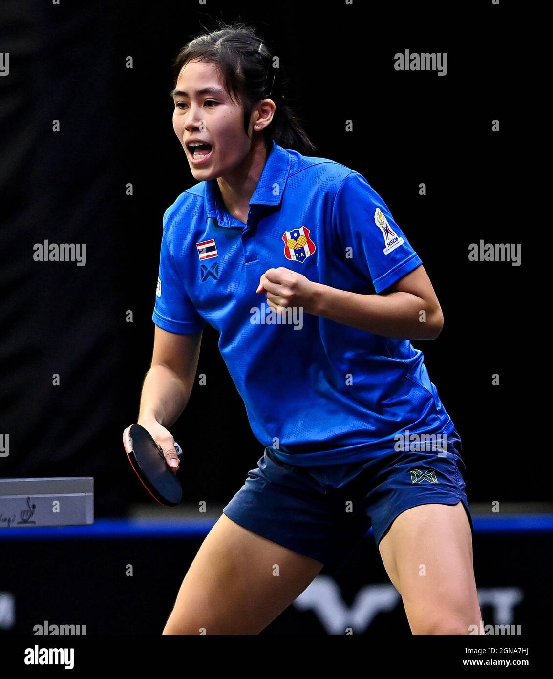 Doha, Qatar. 23rd Sep, 2021. Suthasini Sawettabut of Thailand reacts during the women's singles Round of 16 against Ng Wing Nam of China's Hong Kong at WTT Star Contender Doha 2021 in Doha, Qatar, on Sept. 23, 2021. Credit: Nikku/Xinhua/Alamy Live News Stock Photo