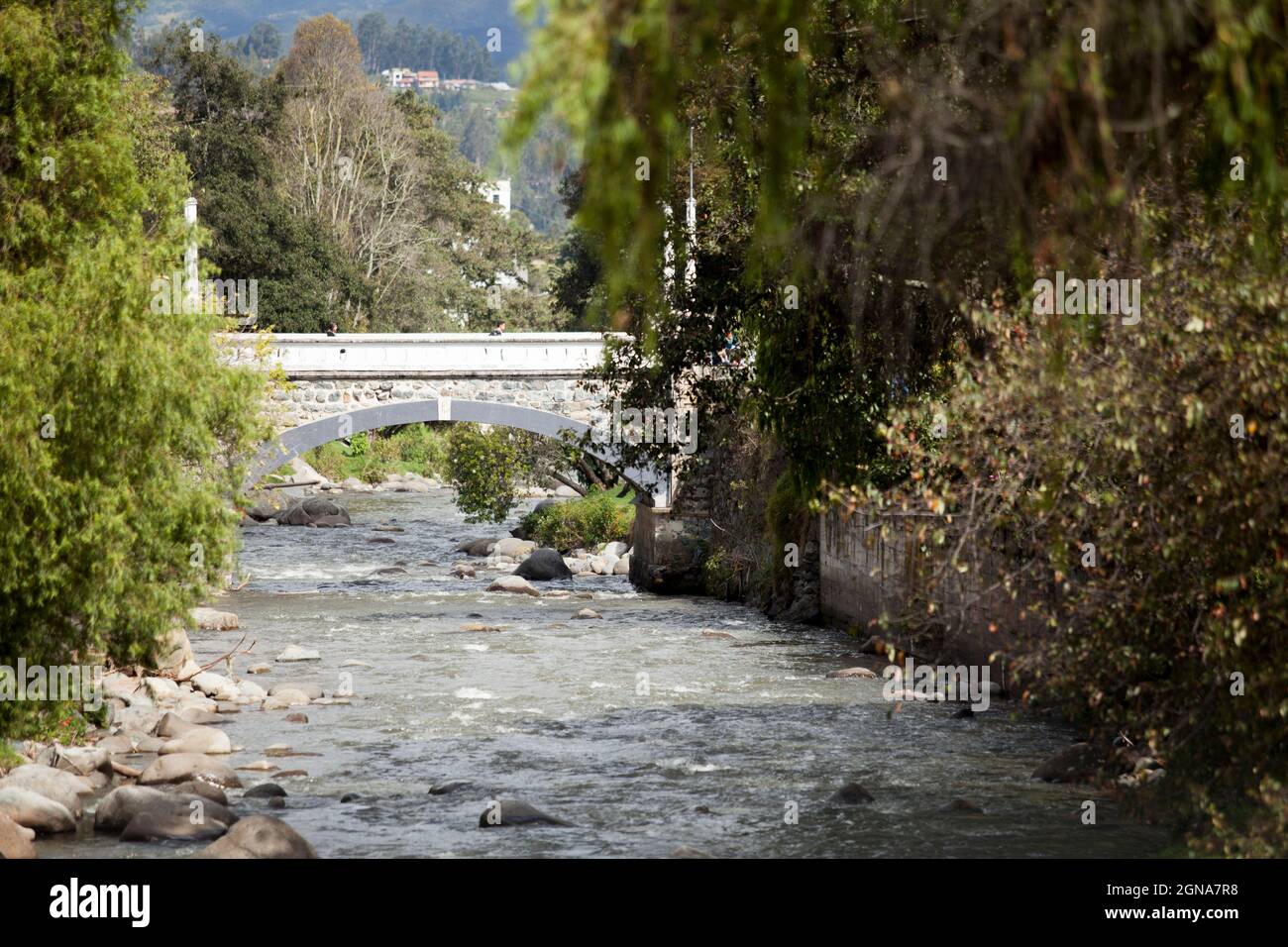 telephoto photo of bridge or a running river in cuenca, ecuador Stock Photo