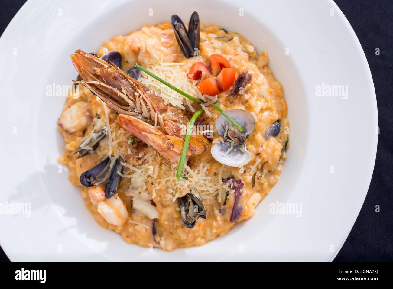 close up of shrimp and clam risotto seafood ecuador fusion lobster rice