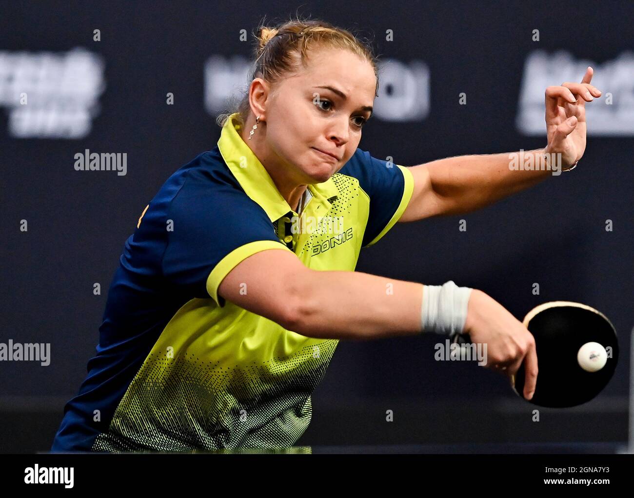 Doha, Qatar. 23rd Sep, 2021. Margaryta Pesotska of Ukraine competes during the women's Singles Round 16 against Yang Xiaoxin of Monaco at WTT Star Contender Doha 2021 in Doha, Qatar, on Sept. 23, 2021. Credit: Nikku/Xinhua/Alamy Live News Stock Photo