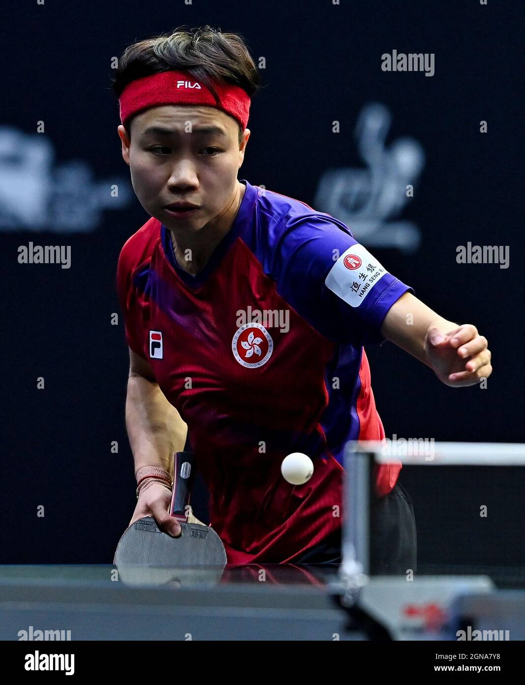 Doha, Qatar. 23rd Sep, 2021. Ng Wing Nam of China's Hong Kong competes during the women's singles Round of 16 against Suthasini Sawettabut of Thailand at WTT Star Contender Doha 2021 in Doha, Qatar, on Sept. 23, 2021. Credit: Nikku/Xinhua/Alamy Live News Stock Photo