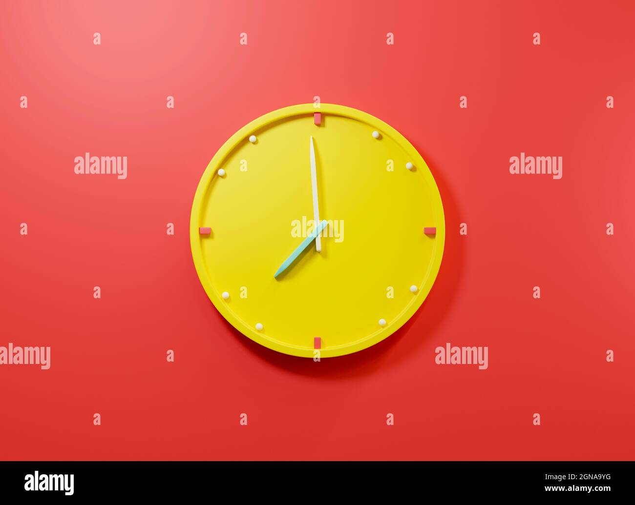 Office clock icon. Round business yellow watches with time arrows hour and minutes, clock face on red background, design element for web design, 3D re Stock Photo