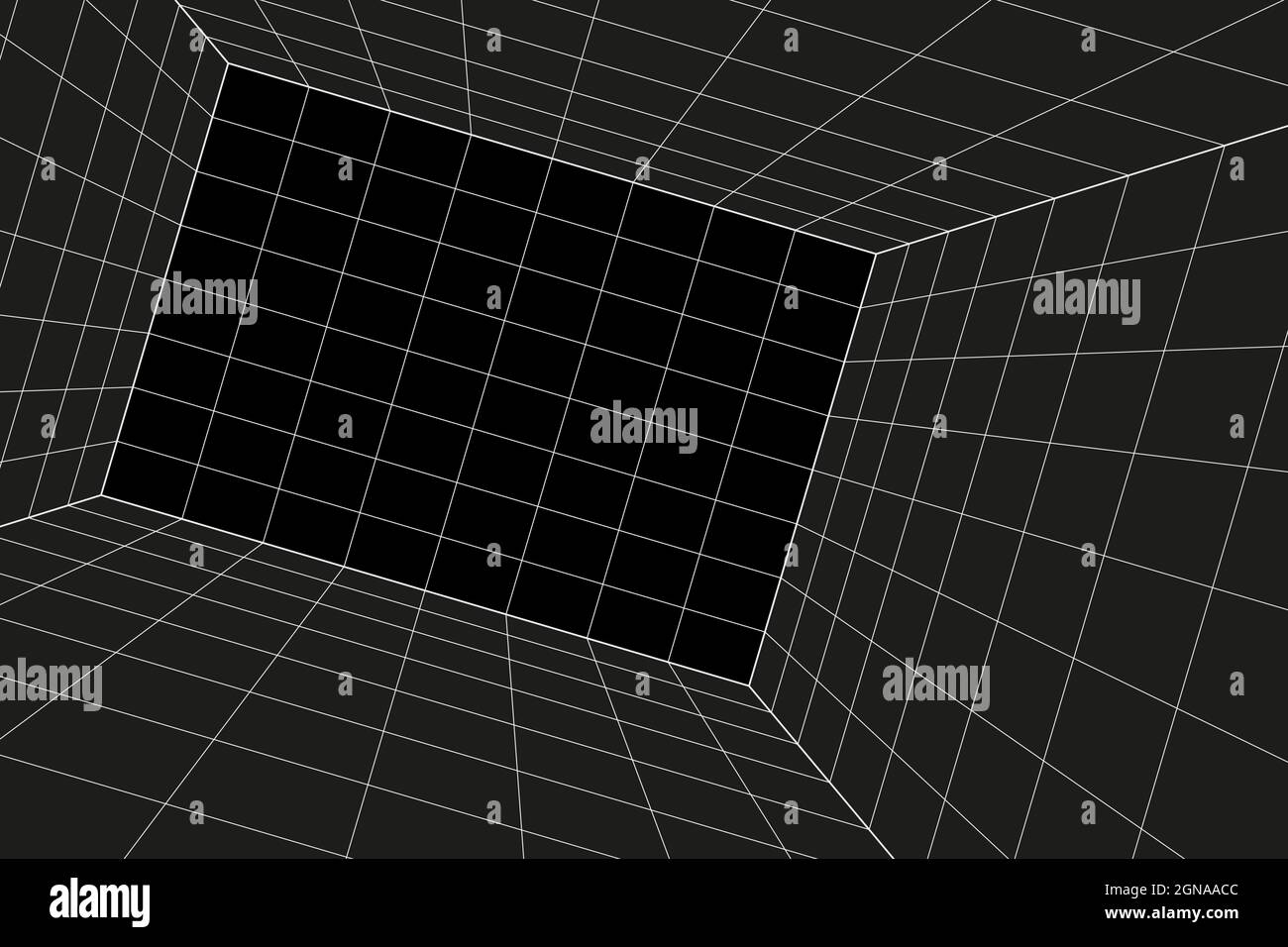 Grid perspective sloping black room. Gray wireframe background. Digital cyber box technology model. Vector abstract architectural template Stock Vector