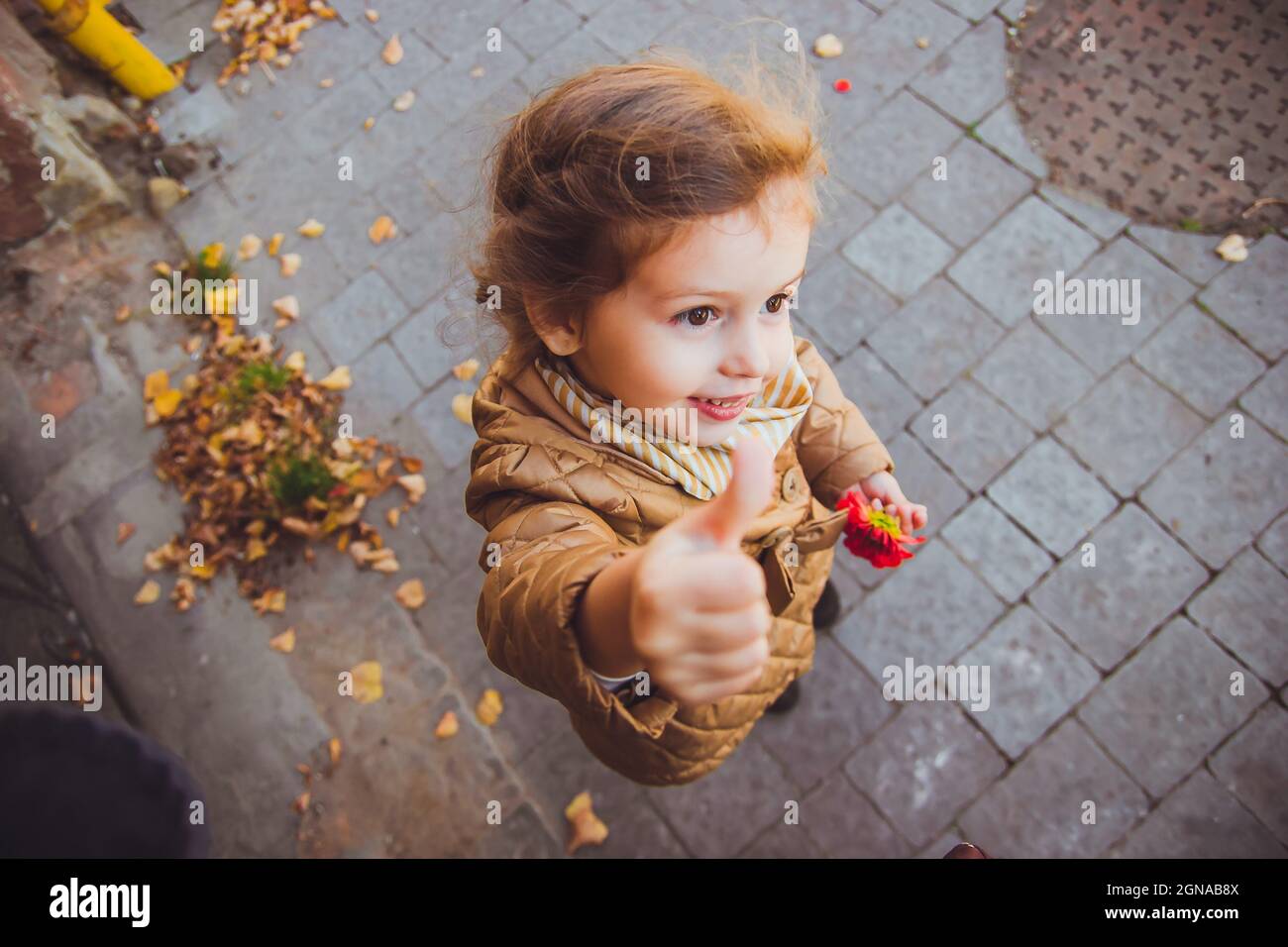 little girl holding a red flower in her hand Stock Photo