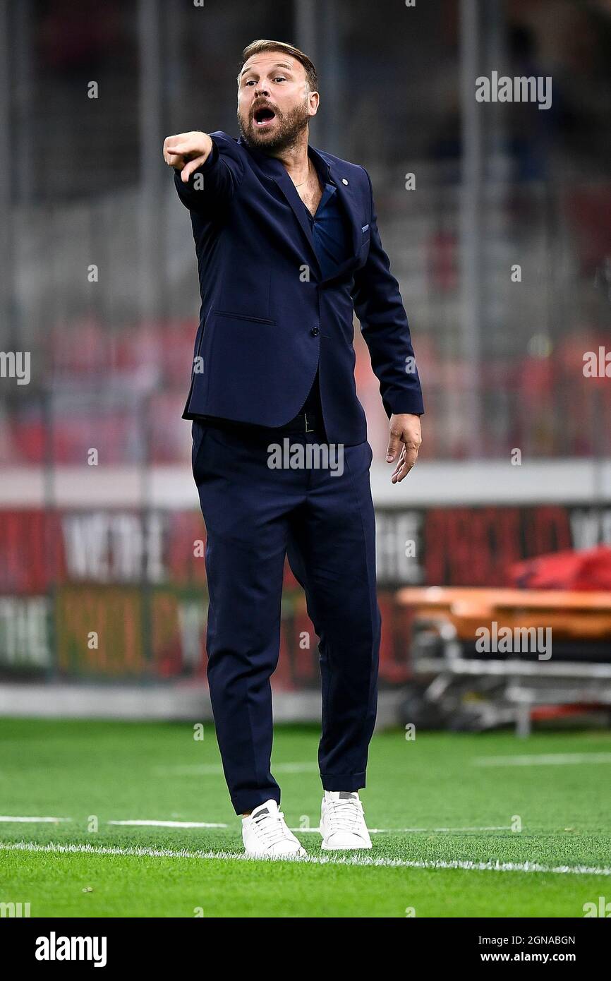 Milan, Italy. 22 September 2021. Paolo Zanetti, head coach of Venezia FC,  gestures during the Serie