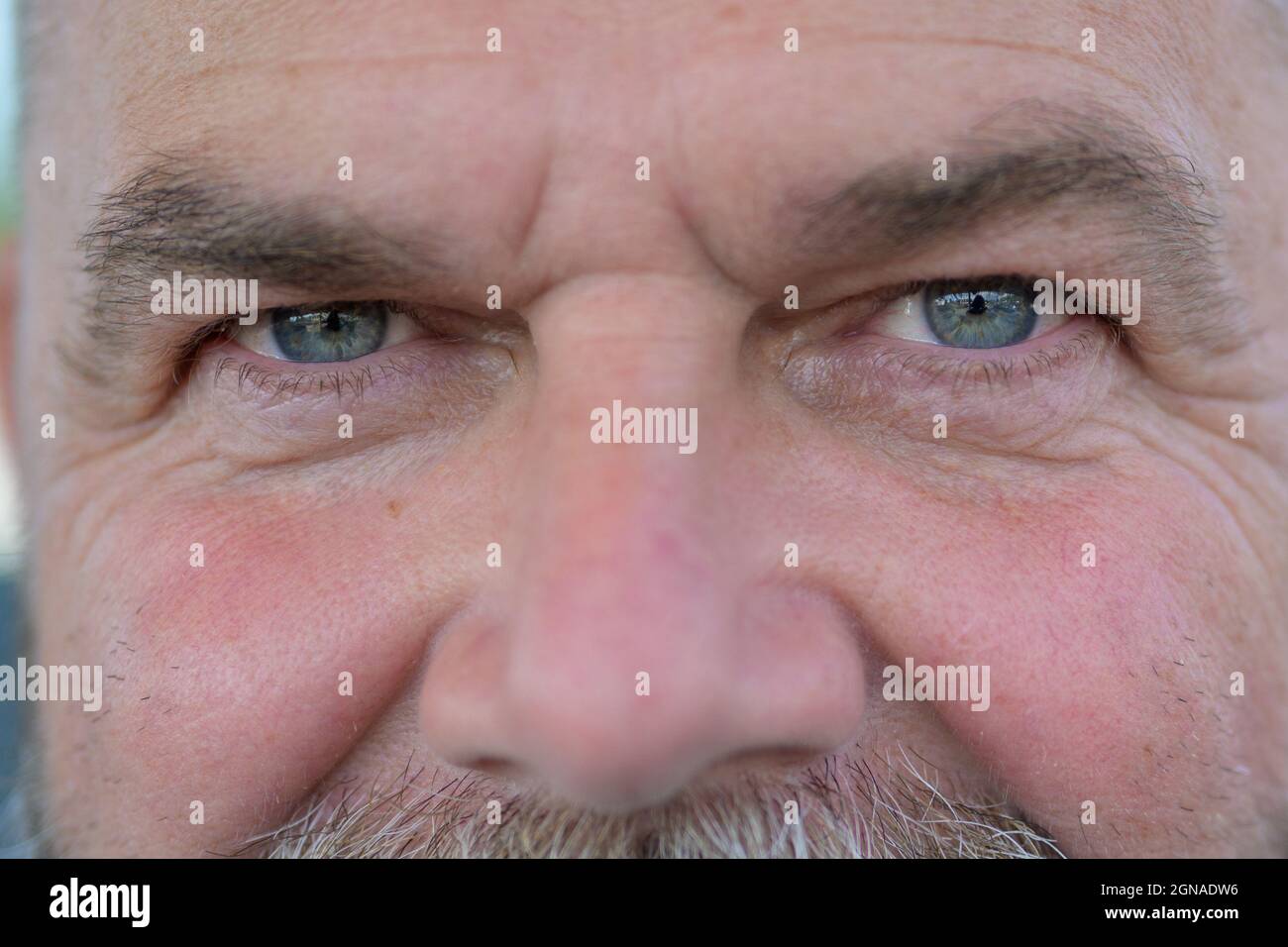 Smiling blue eyes of a happy senior man with moustache in close up detail in a cropped facial portrait as he looks into the camera Stock Photo