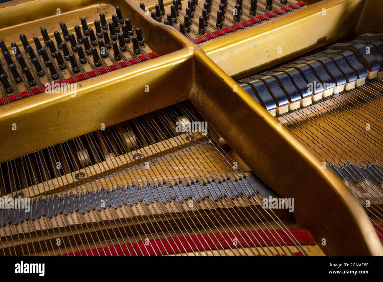 View to the mechanics inside an older grand piano, hammer from below and damper from above on the strings of the acoustic musical instrument, selected Stock Photo