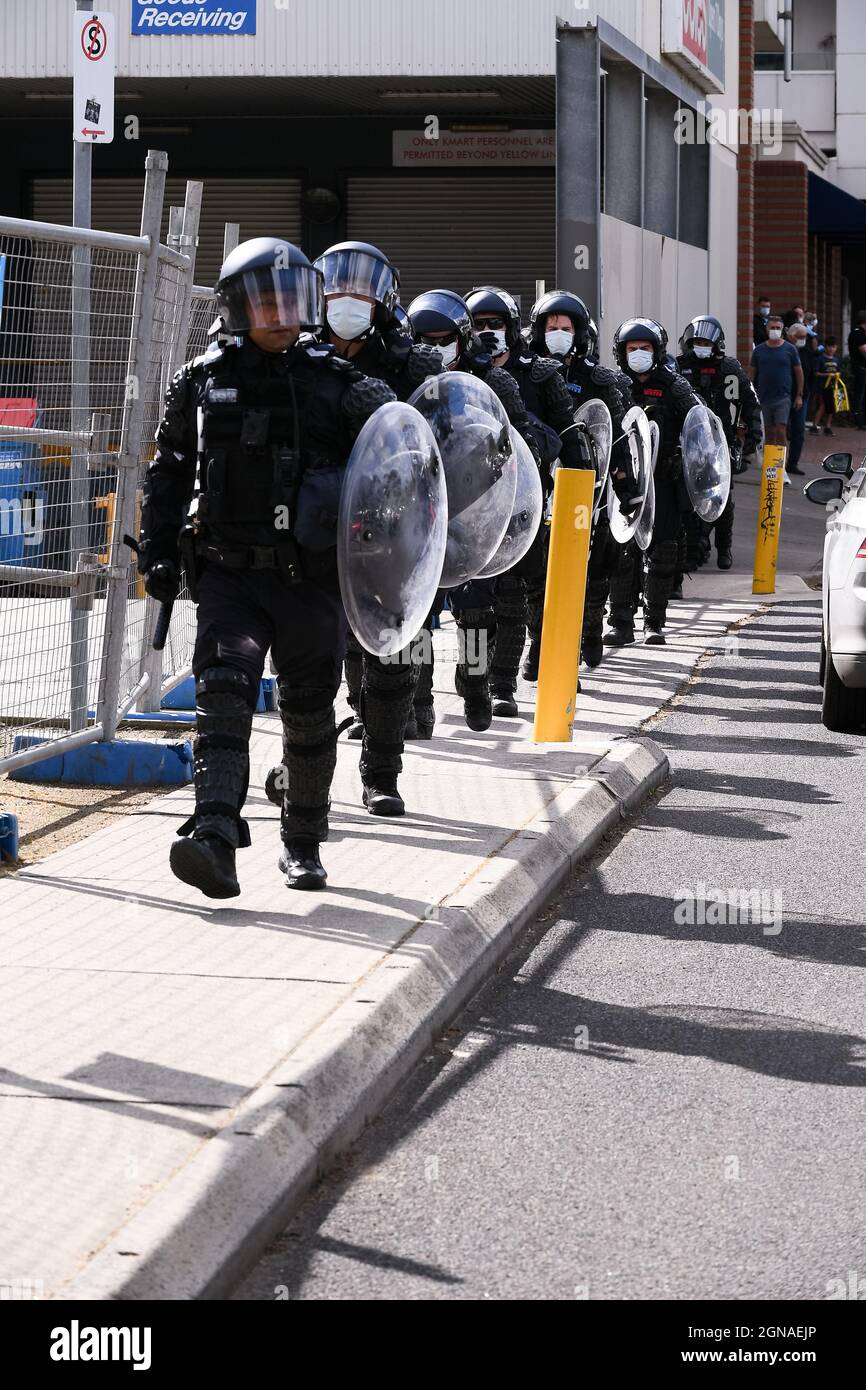 Melbourne, Australia, 24 September, 2021. Riot police deploy at ...