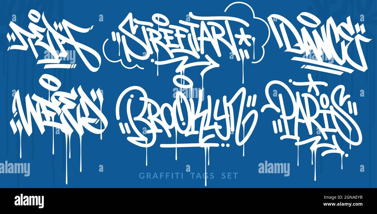 Flat Abstract Handwritten Hip Hop Urban Street Art Graffiti Style Words Vector Illustration Set Stock Vector