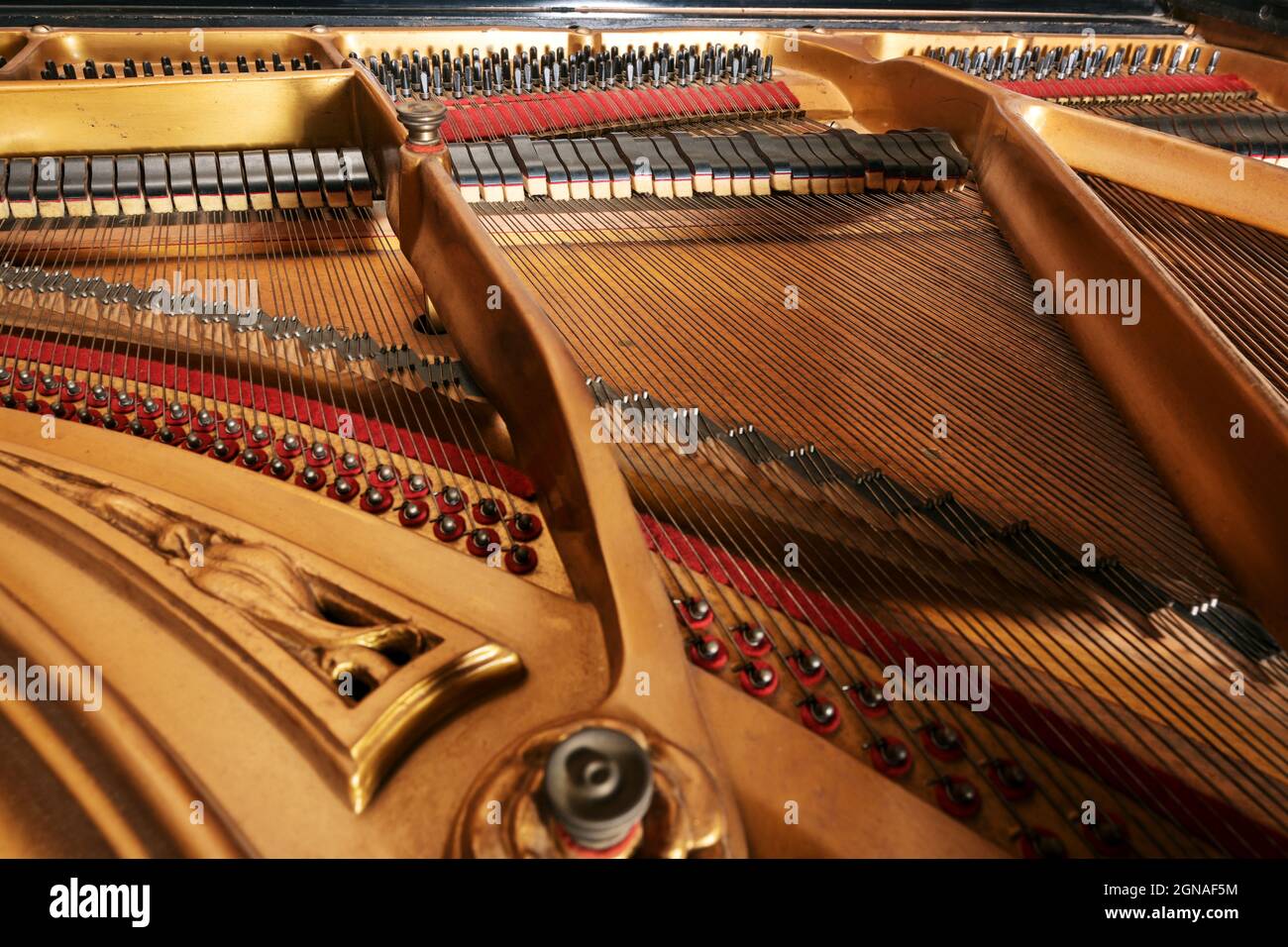 Inside an older grand piano with golden painted metal frame, strings, hammer, damper and red felt, showing the mechanics of the acoustic musical instr Stock Photo