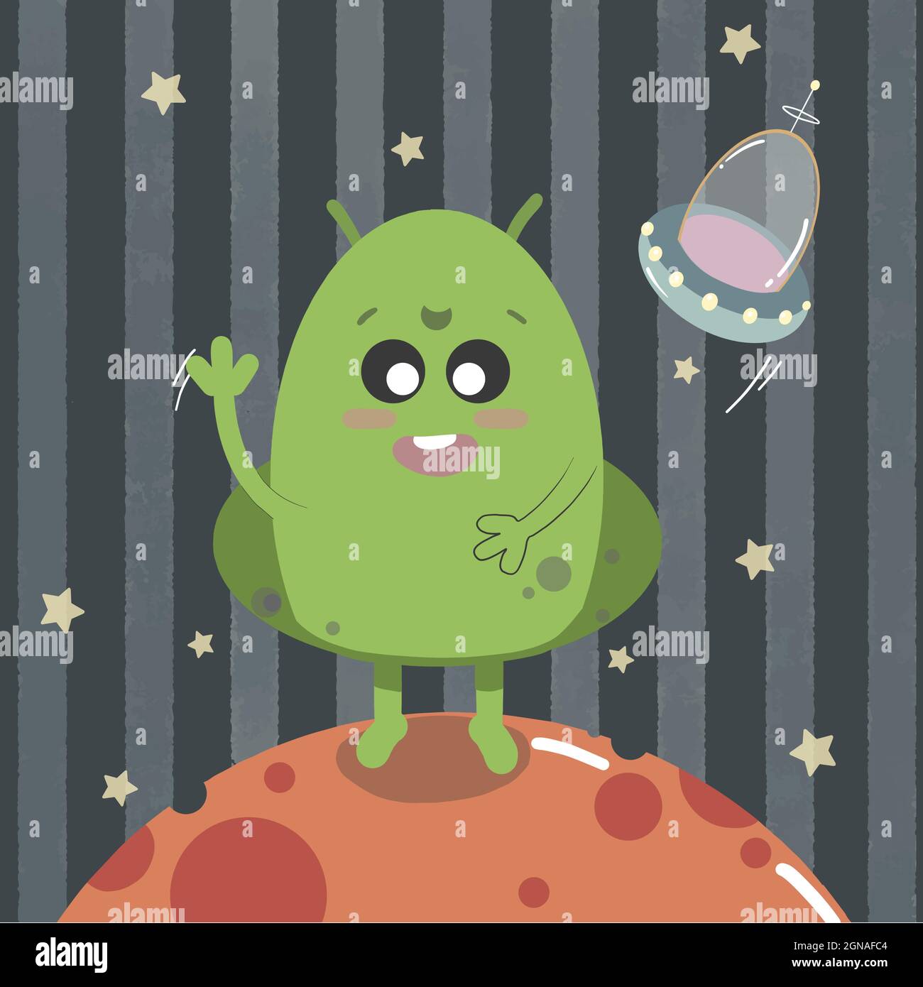 Cute space alien, happy friendly monster with ufo. Kawaii style Martian in space. Vector illustration isolated on dark background. Stock Vector