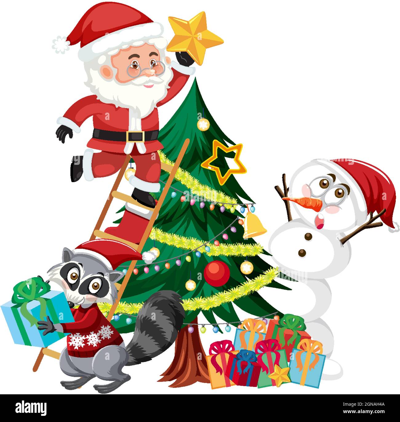 Santa Claus with snowman and Christmas tree illustration Stock Vector ...