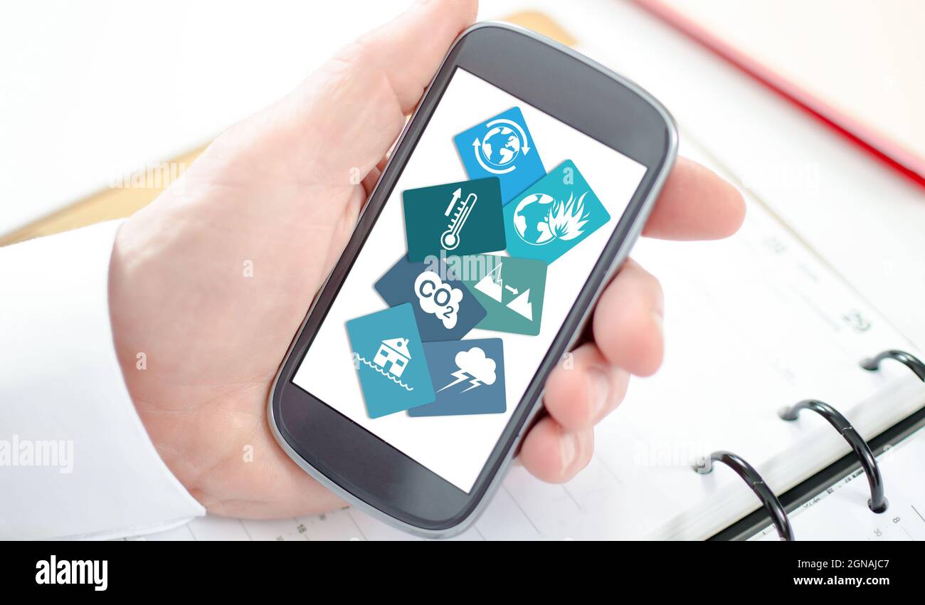 Climate change concept shown on a smartphone screen Stock Photo