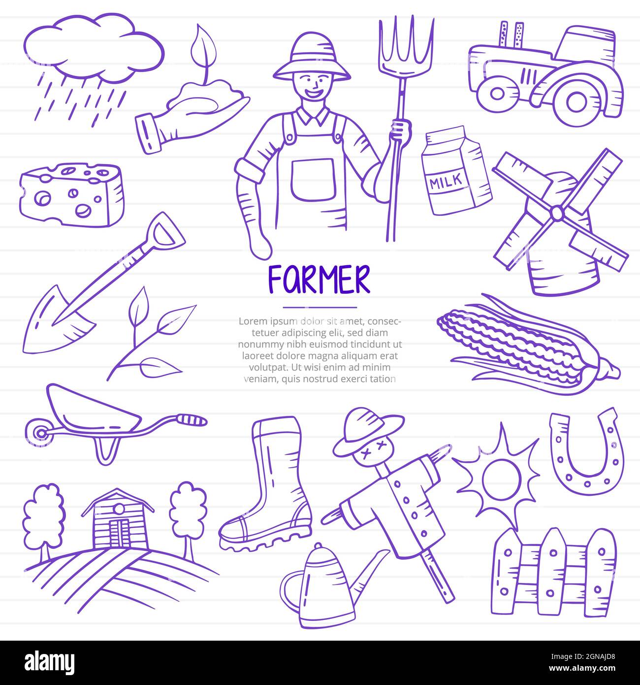farmer jobs or career professional doodle hand drawn with outline style on paper books line vector illustration Stock Photo
