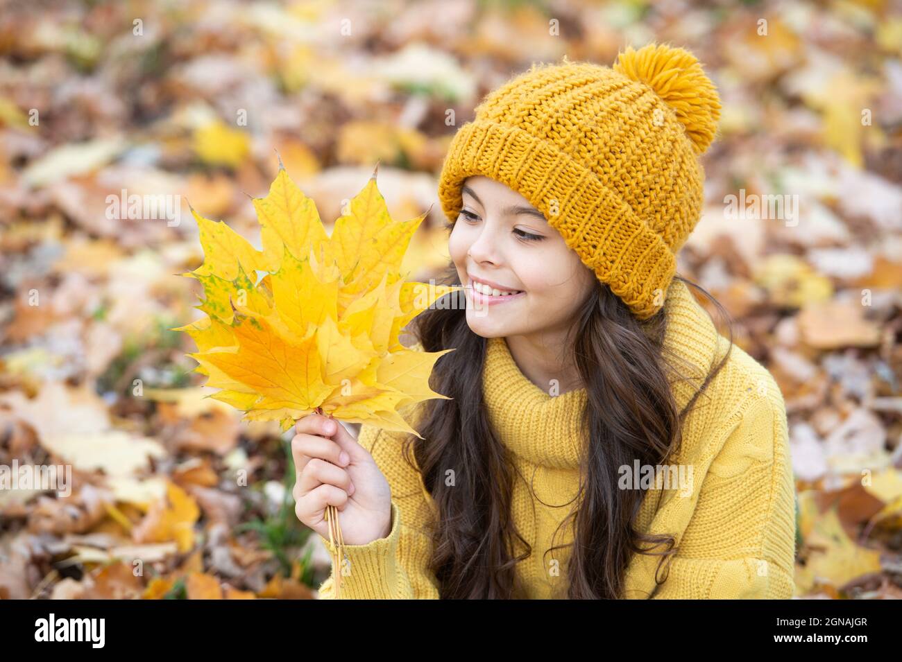 smiling teen girl in yellow hat hold maple leaf outdoor in park, autumn ...