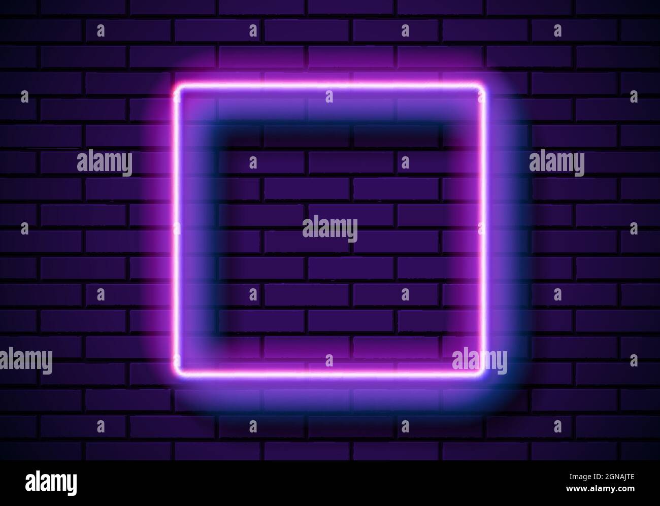 Neon frame with square shape on the blue brick wall. Classic ...