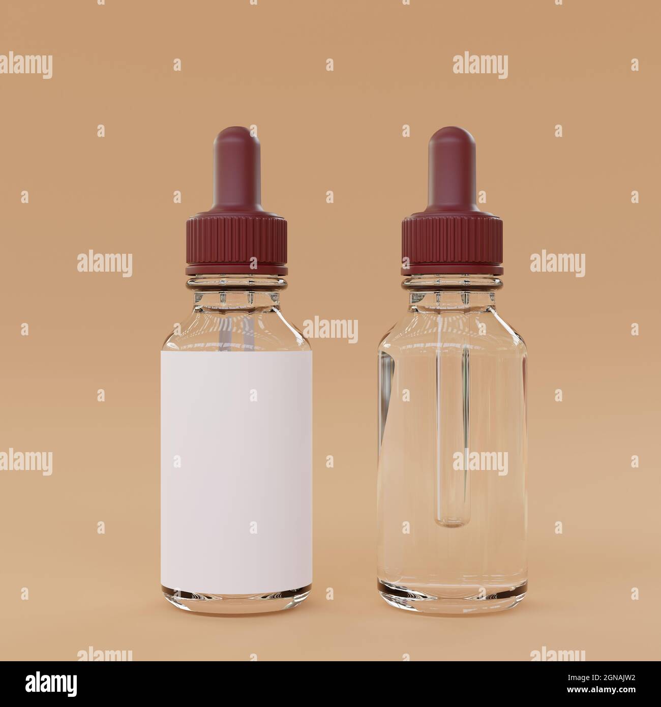 Glass bottles with dropper. Empty label. Liquid medicine container bottles. 3D rendering illustration. Stock Photo