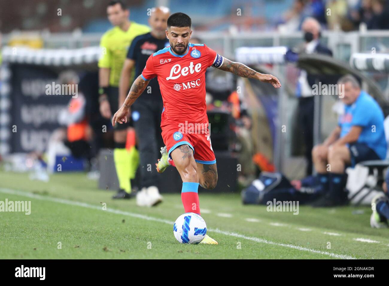 SSC Napoli's Italian striker Lorenzo Insigne controls the ball during Serie A football match between Sampdoria and Napoli  at the Luigi Ferraris Stadium, Genova , Italy, on September  23 2021. Stock Photo