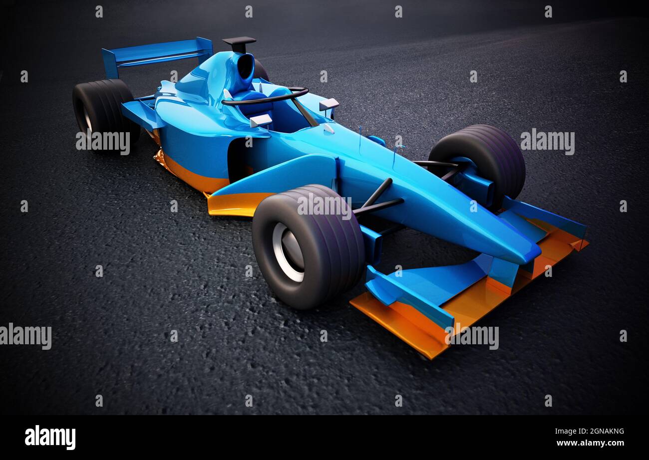 Generic Formula 1 racing car isolated on black background. 3D illustration. Stock Photo