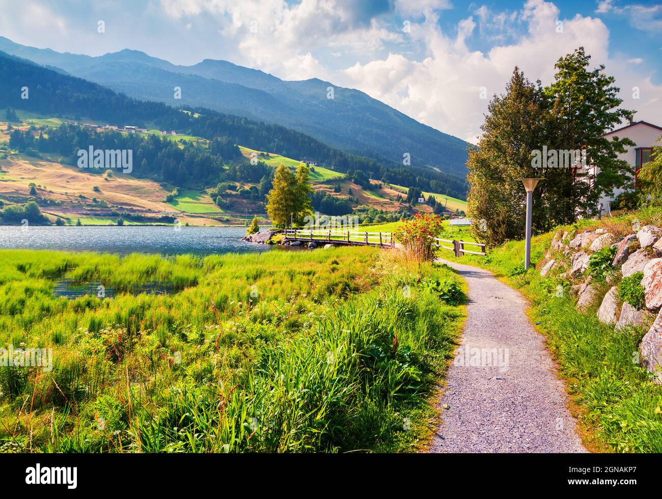 Colorful summer view of St. Valentin village. Morning outdoor scene of